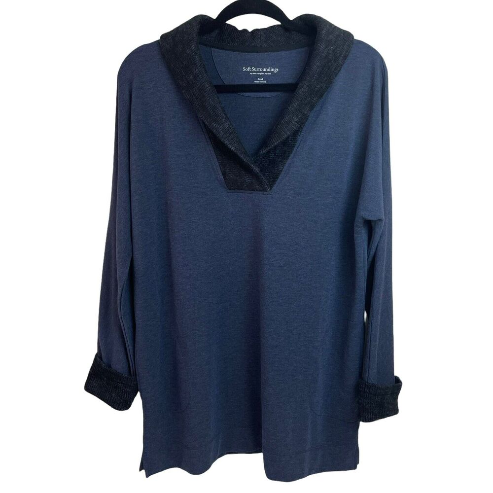 Soft Surroundings Pullover Blue Shawl Collar Lagenlook Size S Oversized Pockets